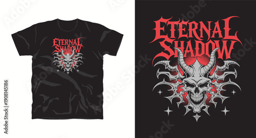 Demonic skull with large horns and sharp teeth eternal shadow red accents and stars menacing t-shirt design