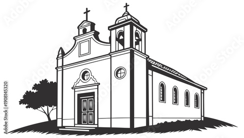 Classic white church with bell towers and cross, standing on a grassy hill.