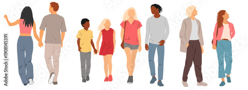 Walking people on vacation, family with children and couples, vector silhouettes, profile, front and back views, different colors, cartoon character, flat icon, design concept, isolated on white