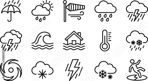 Linear vector icon set for weather and natural disasters featuring rain umbrellas storm clouds wind socks floods lightning strikes snow and extreme temperature symbols