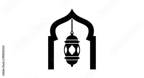 Islamic lantern hanging from an archway symbolizing Ramadan and Eid celebrations.