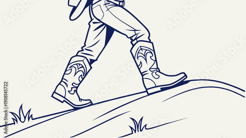 Cowboy walking with boots and hat on a grassy hill