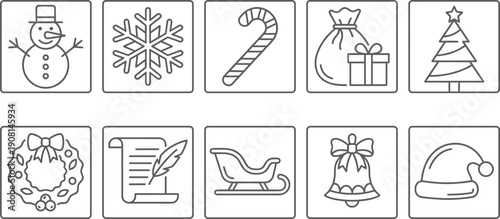 Linear vector icon set for Christmas and winter holidays featuring snowmen snowflakes candy canes gift bags wreaths sleighs bells and Santa hats for celebration