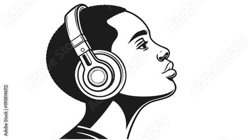 Young person in profile wearing headphones, engrossed in listening to music.