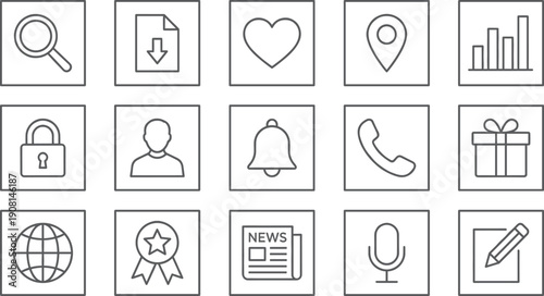 Linear vector icon set for essential web and user interface featuring search magnifying glass secure locks location pins notification bells and news media symbols