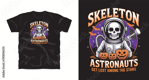 Skeleton astronauts get lost among the stars, t-shirt design with halloween theme and space exploration