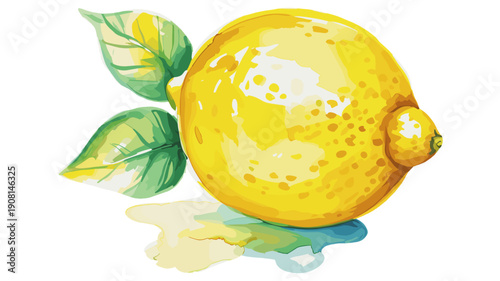 yellow lemon painted in watercolor with green leaves, citrus fruit watercolor 