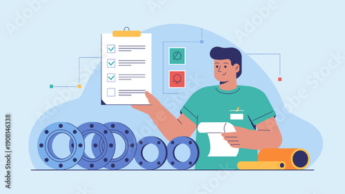Industrial worker checking quality control checklist with machine parts on workbench, Concept of quality assurance, inspection and manufacturing control