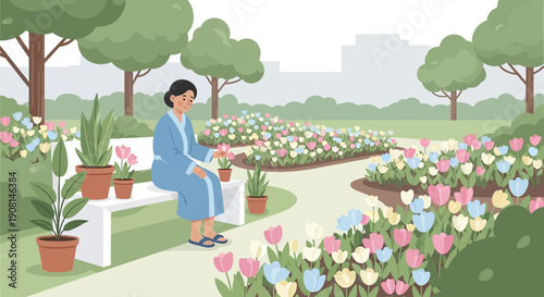 Woman Relaxing in Blooming Spring Garden with Tulips and Potted Plants