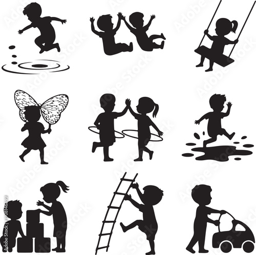 set of black silhouettes of children playing outside in various activities