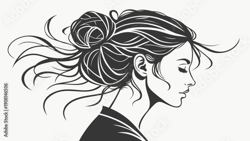 Elegant profile of a woman with flowing hair styled in a messy bun, conveying a sense of grace and movement.