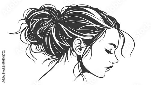 Elegant woman with messy bun hairstyle, profile view, serene expression