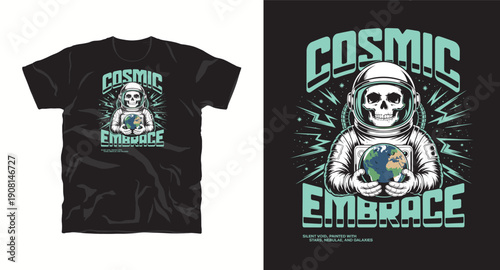 Cosmic embrace astronaut skull holding earth planet t-shirt design with teal color palette for space fans