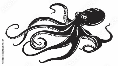Bold black octopus illustration with flowing tentacles on a white background