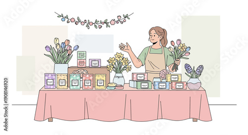 Woman Selling Flowers and Gifts at a Market Stall