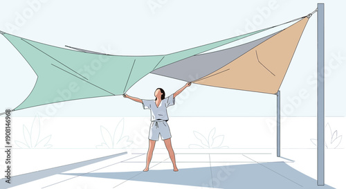Woman Setting Up Shade Sail for Outdoor Summer Recreation and Relaxation