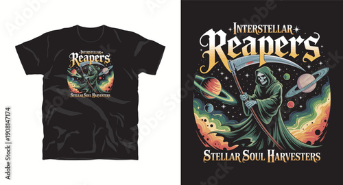 Interstellar reapers stellar soul harvesters grim reaper in space with planets and stars t-shirt design