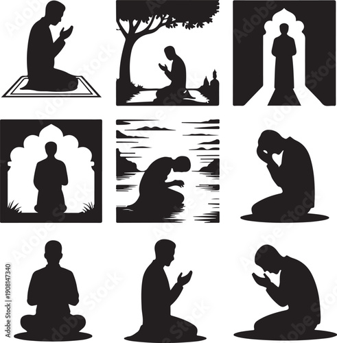 silhouette of a man in various praying positions on white background