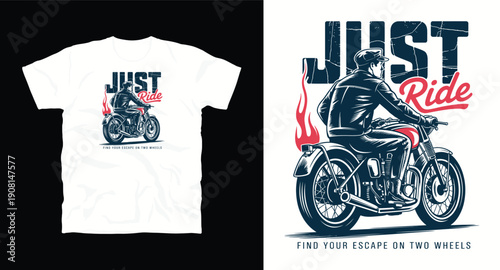 Just ride t-shirt design, man on motorcycle, vintage biker, freedom, adventure, open road, speed, classic motorbike, retro style