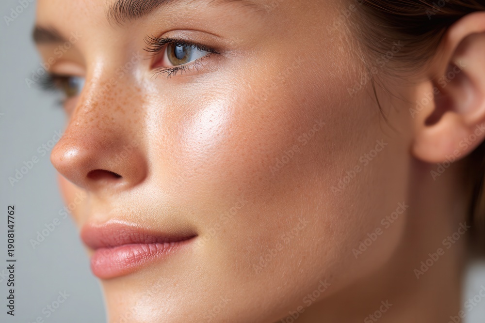Fototapeta premium Woman's natural face with freckles and healthy, clean skin looking fresh