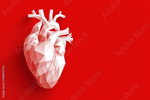 Stylized low poly human heart sculpture rendered in white against a vibrant red background