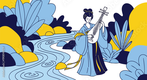 Fotografie Ancient Chinese musician woman playing pipa lute by river vector