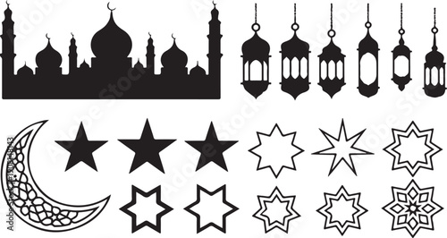 Diverse collection of Islamic symbols featuring mosque skylines intricate lanterns crescent moons and various star shapes
