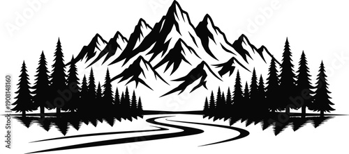 Black and white mountain landscape illustration with pine forest, winding river and alpine peaks, minimalist nature vector art perfect for travel, adventure, and outdoor design concepts