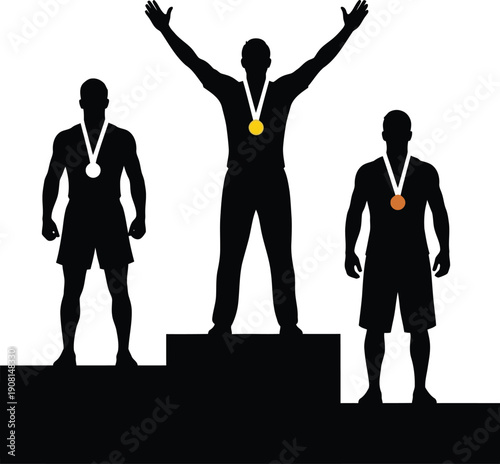Triumphant athletes standing on podium with medals around neck in victory ceremony
