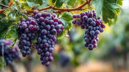Wallpaper Mural Heavy clusters of ripe purple grapes hanging from a vine in a sun-drenched vineyard with green leaves and warm summer lighting with detail. Torontodigital.ca