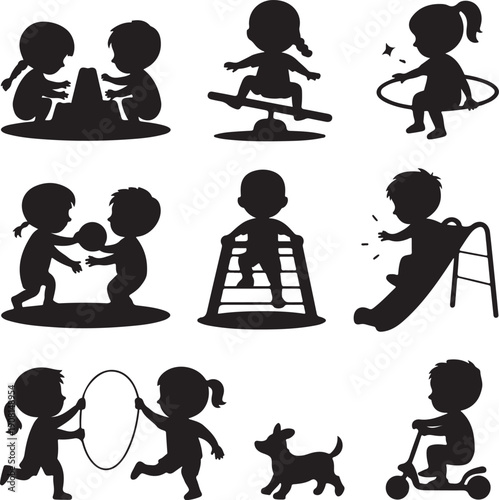 Silhouette illustrations of children playing on playground equipment and with pets