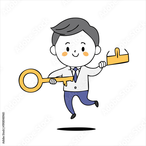 Cheerful young businessman happily running with a golden key in his hand, excited and energetic, isolated white background.