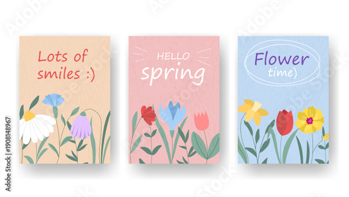 Hello Spring set of vertical templates. Cards with welcome text, blooming flowers and herbs. Textured background. Floral design for postcards, posters, covers, brochures, leaflets, flyers. Vector grap