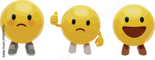 Three yellow emoticon characters with different expressions and shoes emoji cartoon