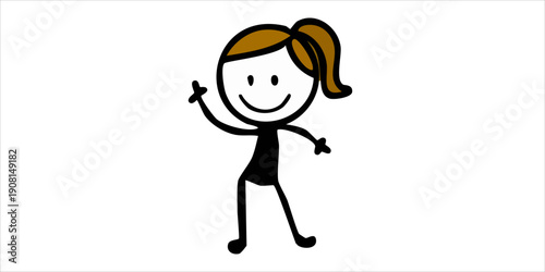 Happy stick figure girl waving hand, smiling cheerfully, isolated white background.