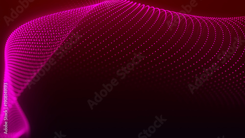 An abstract digital wave composed of numerous glowing dots on a black background. The lines create a sense of movement, energy, and depth, reminiscent of a digital particle flow. Vector.