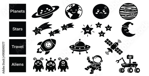 Black line icon set of planets, stars, UFO, alien and space travel symbols, vector silhouette collection for UI or infographic