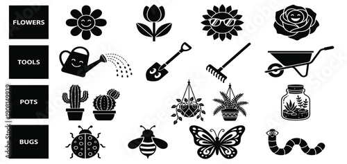Black silhouette garden icons set in flat vector style with flowers, tools, insects and butterflies for logo or UI, Isolated on transparent background, png