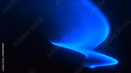 An abstract digital wave of particles. Dark background. Blue glowing dots align in undulating arcs, creating an abstract flow of energy. Vector.