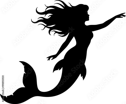Elegant Mermaid Profile Silhouette - Minimalist Fantasy Sea Creature Vector