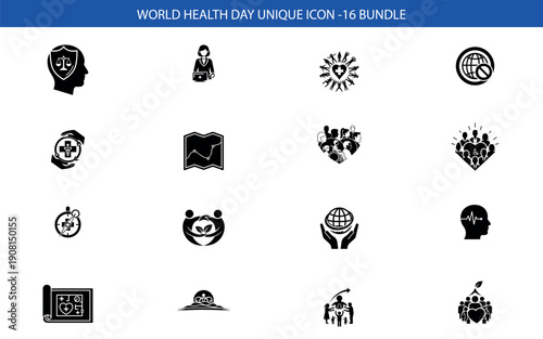 World health day icon set for global health awareness and medical symbols