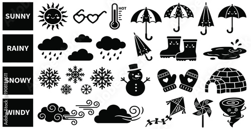 Black weather icon set in flat vector silhouette style with sun, cloud, rain, snowflake, thermometer, umbrella, wind and storm symbols for app UI or forecast infographic