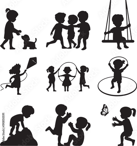 silhouettes of children playing and having fun outdoors with dog