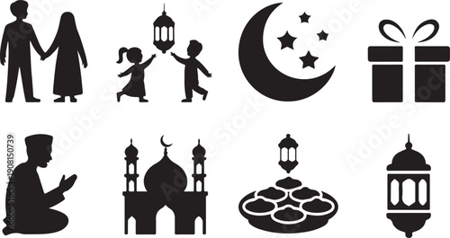 Family and religious symbols including a mosque praying man food and gifts for Eid celebration