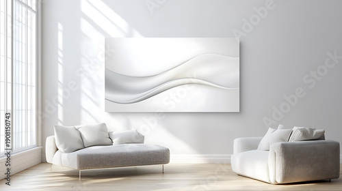Modern living room featuring minimalist design with soft white furniture and large abstract wall art piece. serene atmosphere invites relaxation