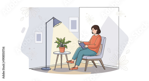 Woman Reading Book in Cozy Room Under Lamp Light, Relaxing Home Activity