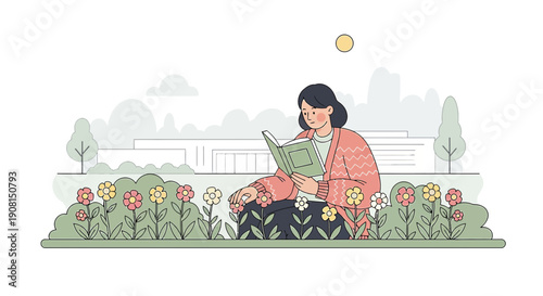Woman Reading Book in Garden Surrounded by Flowers, Peaceful Outdoor Activity