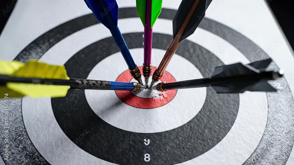 custom made wallpaper toronto digitalMultiple colorful arrows hitting the center bullseye of a dartboard in succession, demonstrating accuracy, skill, and the successful achievement of a strategic business goal or objective
