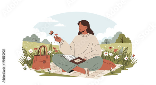 Woman Reading Book on Picnic Blanket with Butterflies and Flowers