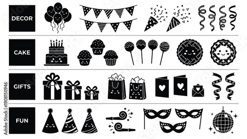 Black vector birthday party icon set with cake, bunting garland, gift box or present, balloons, cupcake, lollipop, party hat, confetti and carnival mask, Isolated on white background